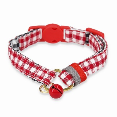 ＜猫壱＞ねこにやさしいVネック首輪  ギンガムチェック（レッド）　メイン画像