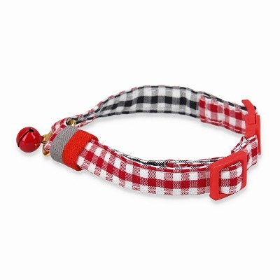 ＜猫壱＞ねこにやさしいVネック首輪  ギンガムチェック（レッド）　商品画像１