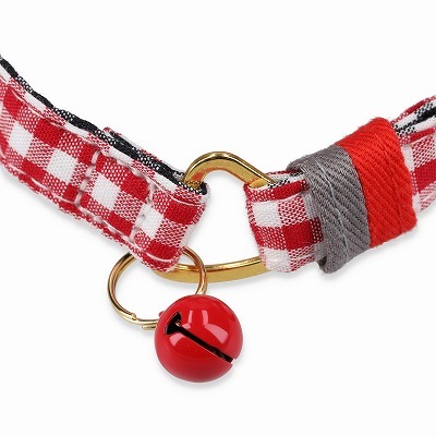 ＜猫壱＞ねこにやさしいVネック首輪  ギンガムチェック（レッド）　商品画像３